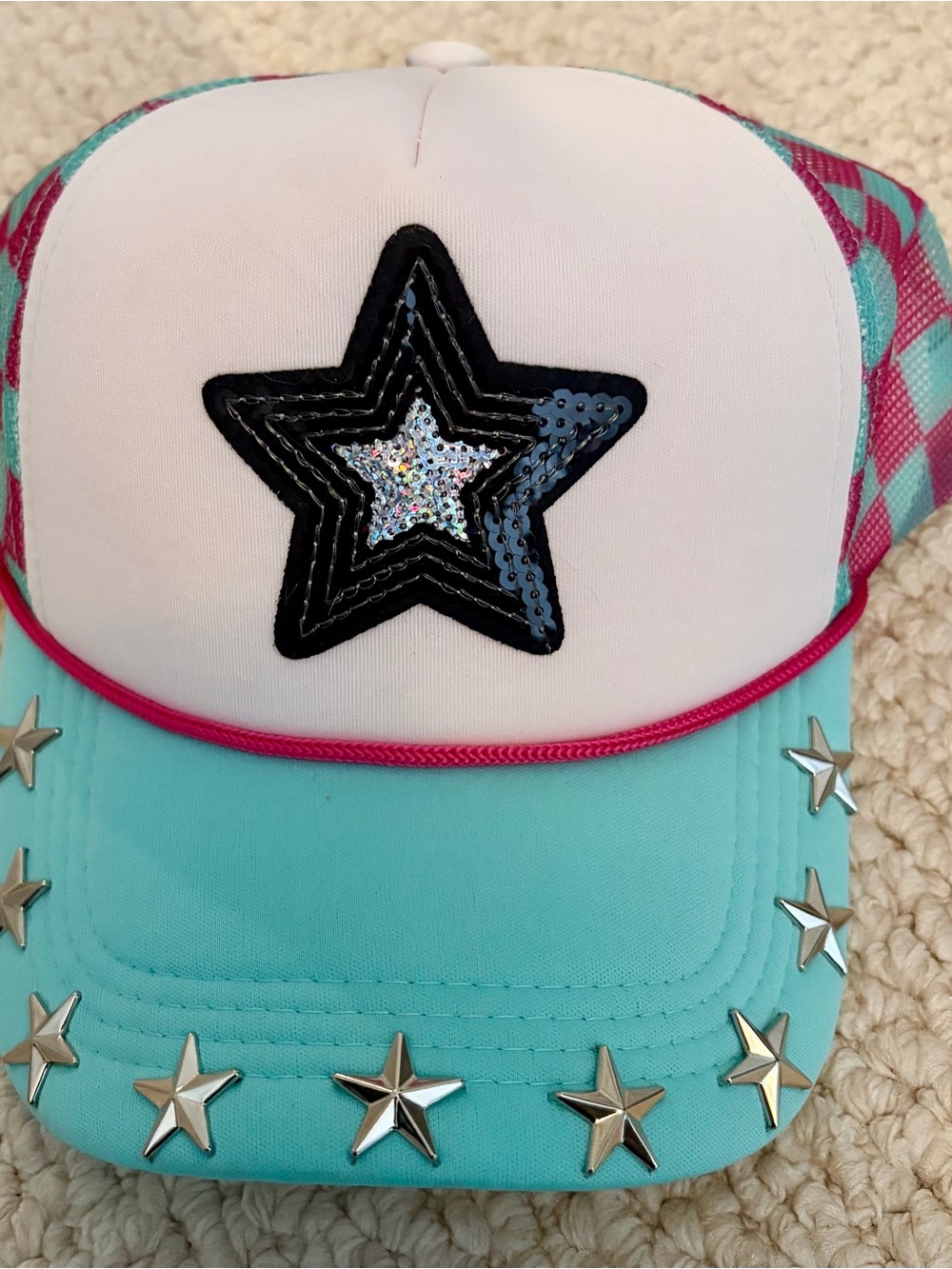 Turquoise & White Star Studded Trucker Hat